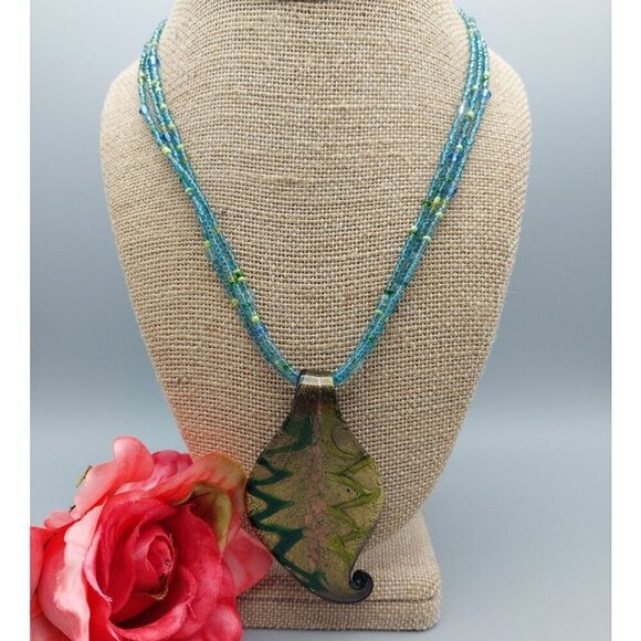 Multi Strand Tiny Blue Glass Seed Bead Necklace Art Glass Gold Foil Pendant 21" - Picture 2 of 7